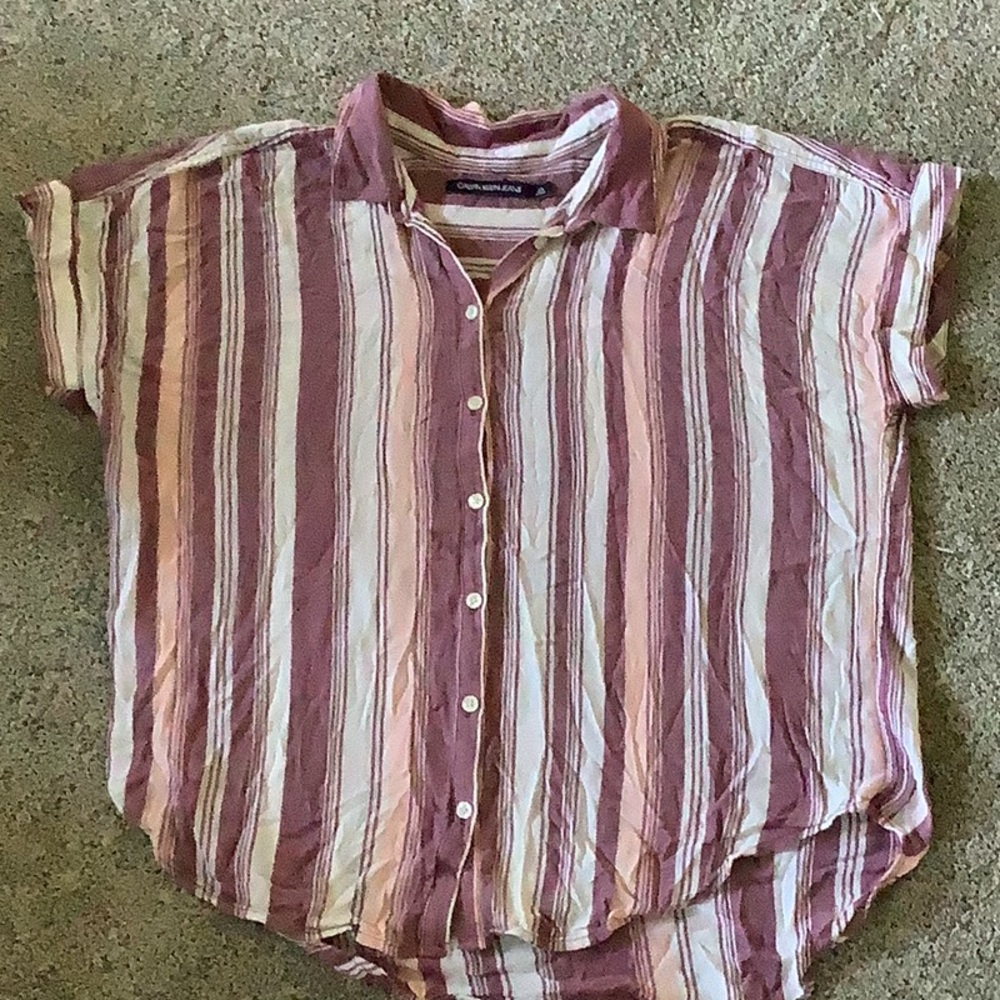 Calvin Klein Jeans striped maroon pink white button down short sleeved shirt